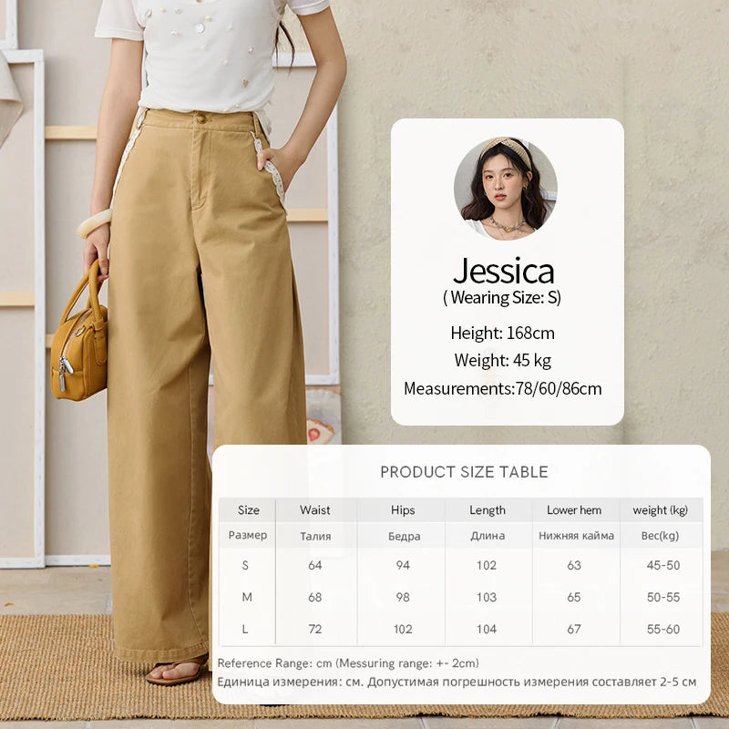 MISHOW 100Cotton Khaki Lace Patchwork Wide Leg Pants for Summer 2025 High Waist Straight Leg Trousers Commuting Pants MXE34K0925