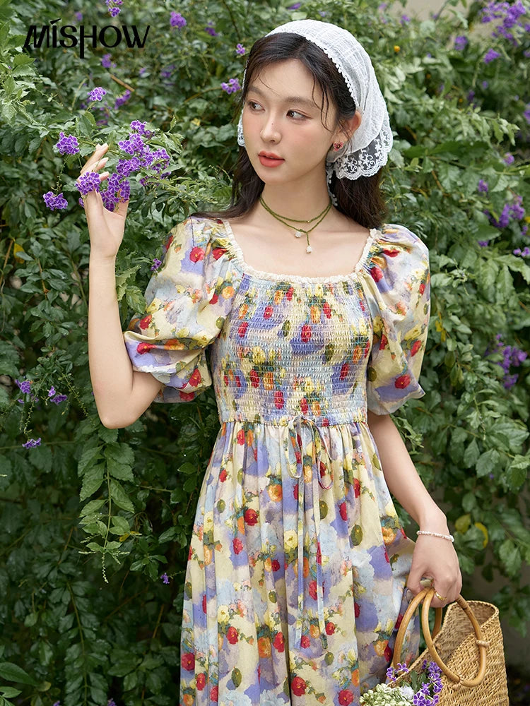 MISHOW Floral Smocked Midi Dresses for Women 2025 Summer Puff Short Sleeve Beach Vacation Beach French Retro Dress MXD24L1905