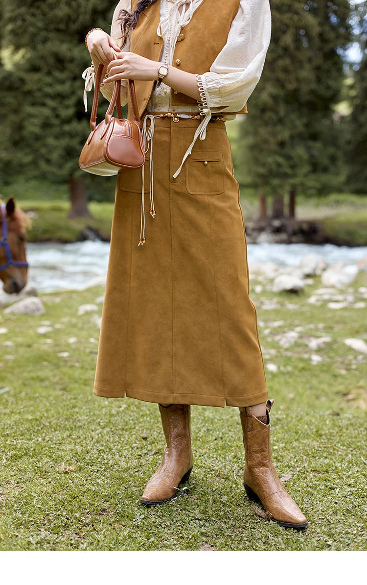 MISHOW Retro High Waist Suede Midi Skirt for Women Autumn 2024 Symmetrical Lip Pouch Skirts Slim Solid A-LINE Skirt MXD41B0486