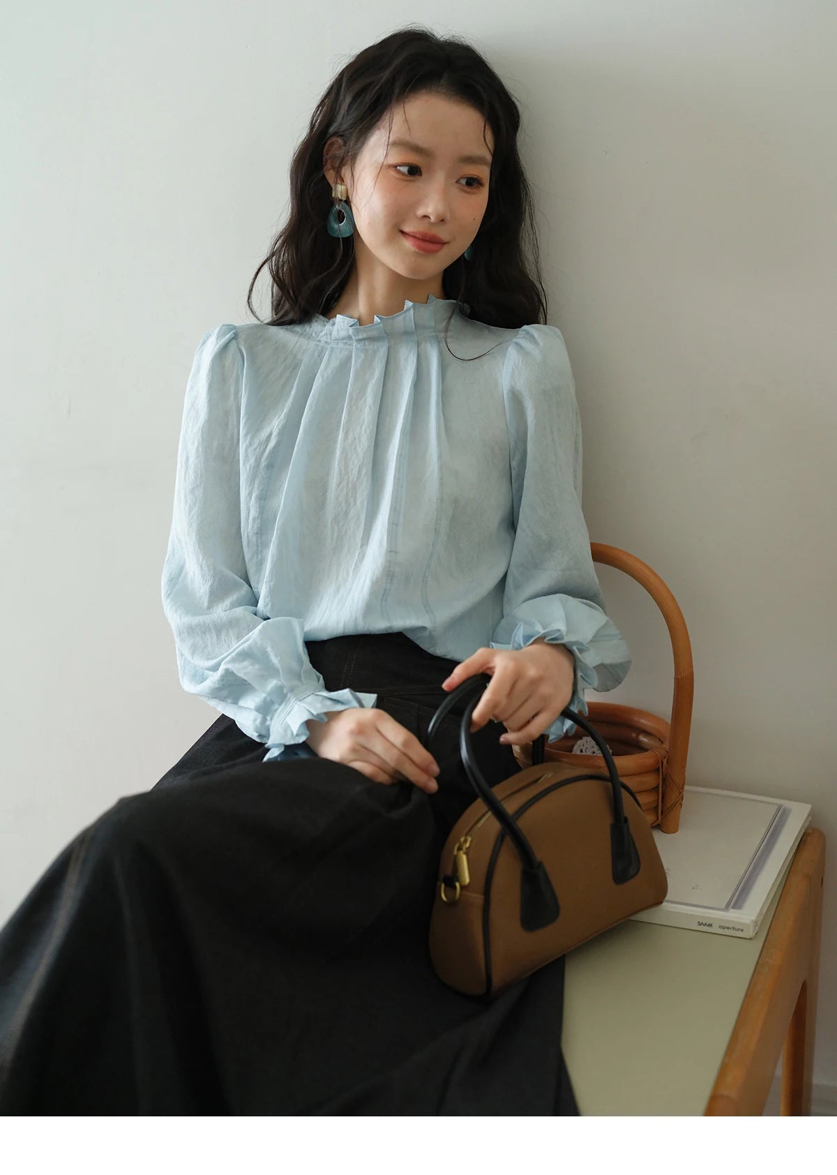 MISHOW Blue Jacquard Texture Blouses 2025 Autumn Black Fungus Edged Stand Collar Blouse Bubble Sleeves Commuting Top MXE41X1934