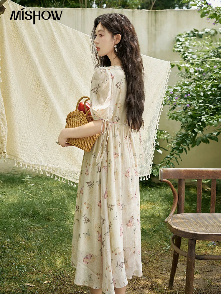 MISHOW Butterfly Printing Dress for Women 2025 Summer Luxury Elegant V-neck Lace-up Bubble Sleeves Slim Long Dress MXD15L1778