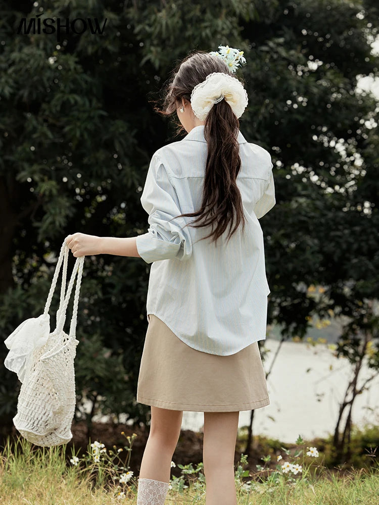 MISHOW Light Blue Striped Shirt for Women Spring 2025 Contrast Color Placket Shirt 100 Cotton Polo Neck Commuting Top MXE15C0762