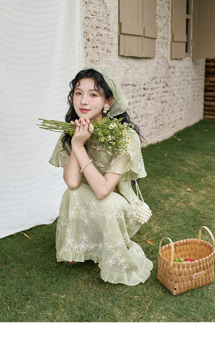 MISHOW Chinese Green Stand Collar Lotus Leaf Overlapping Sleeve Top Hem Stringy Selvedge Skirt Separately 2024 Summer MXD22X1388