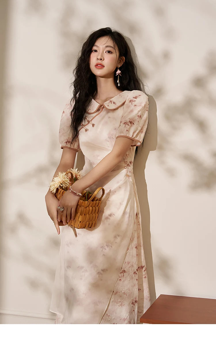 MISHOW Chinese Doll Collar Dresses 2024 Summer Improved Cheongsam Waist Pink Bamboo Printing Splicing Mesh Midi Dress MXD22L1829