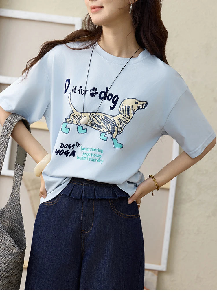 MISHOW Print Summer T-shirts Women 2025 Short Sleeve Round Neck Flocked Puppy Loose Shirt Female Casual Versatile Top MXE33T0542