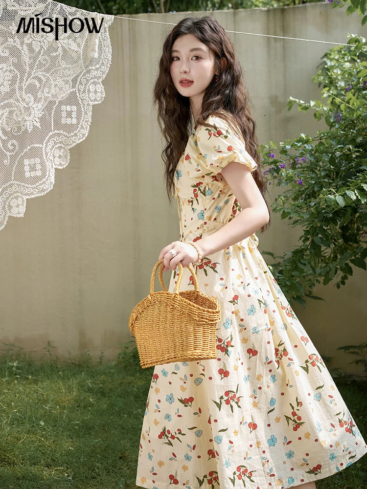 MISHOW French 100 Cotton Floral V-neck Dress Women 2025 Summer Bubble Sleeve Drawstring Lace-up Temperament Dresses MXD30L1868