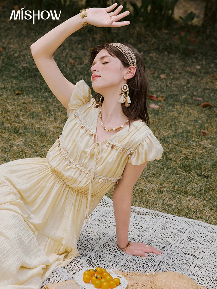 MISHOW Holiday Summer Dresses Women 2025 Solid V-neck Short Puff Sleeve Shell Ribbon High Waist Dress Woman Fashion MXE33L2193