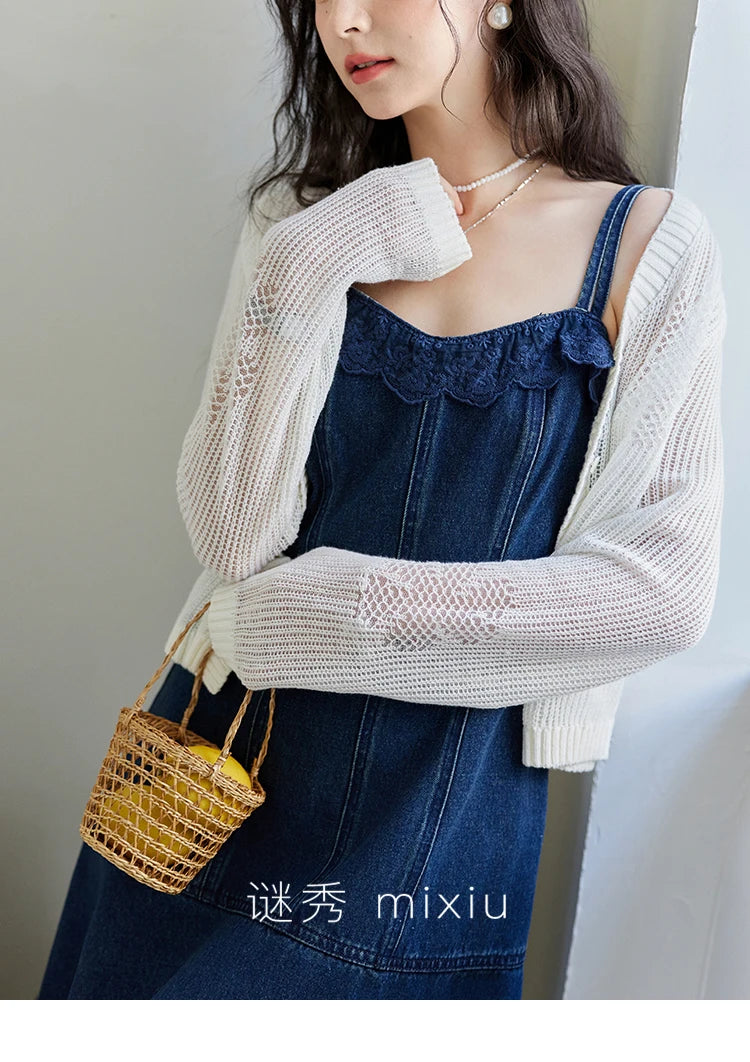 MISHOW Denim Camisole Dress Hollowed Out Cardigan Separately Spring Knitted Cardigan Lace Edge Waist Dress(Not A Set) MXE13L2094