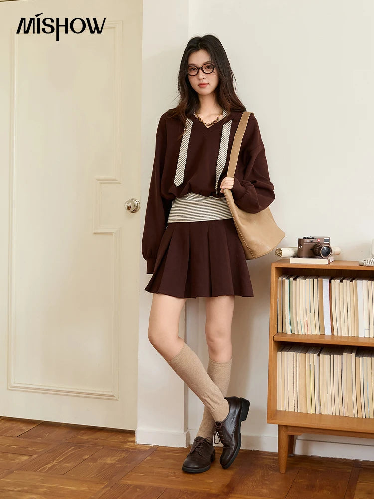 MISHOW Woman Suits 2025 Autumn Retro Brown V-Neck Sweatshirt Pleated Skirt Suit Striped Waist Belt Casual Two-piece MXE47T1415