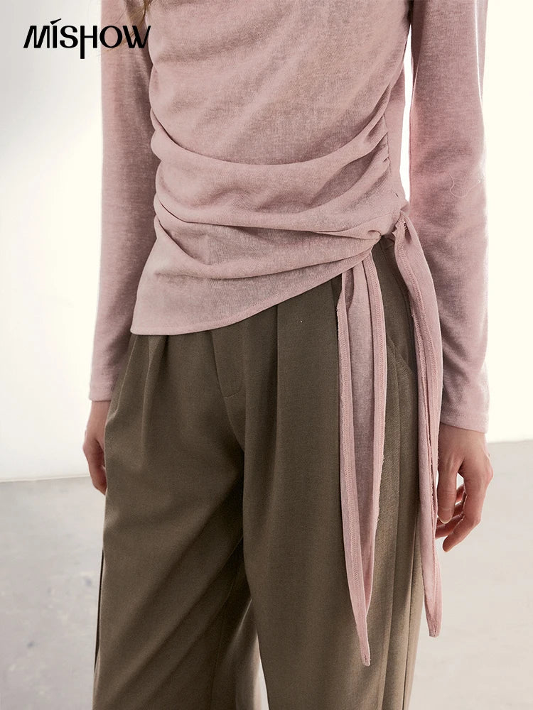 MISHOW Women's Splicing Lace Trim Draped Neck Long Sleeve Tops 2026 Spring Side Tie Ruched Irregular Casual Slim Tees MXF13Z2995