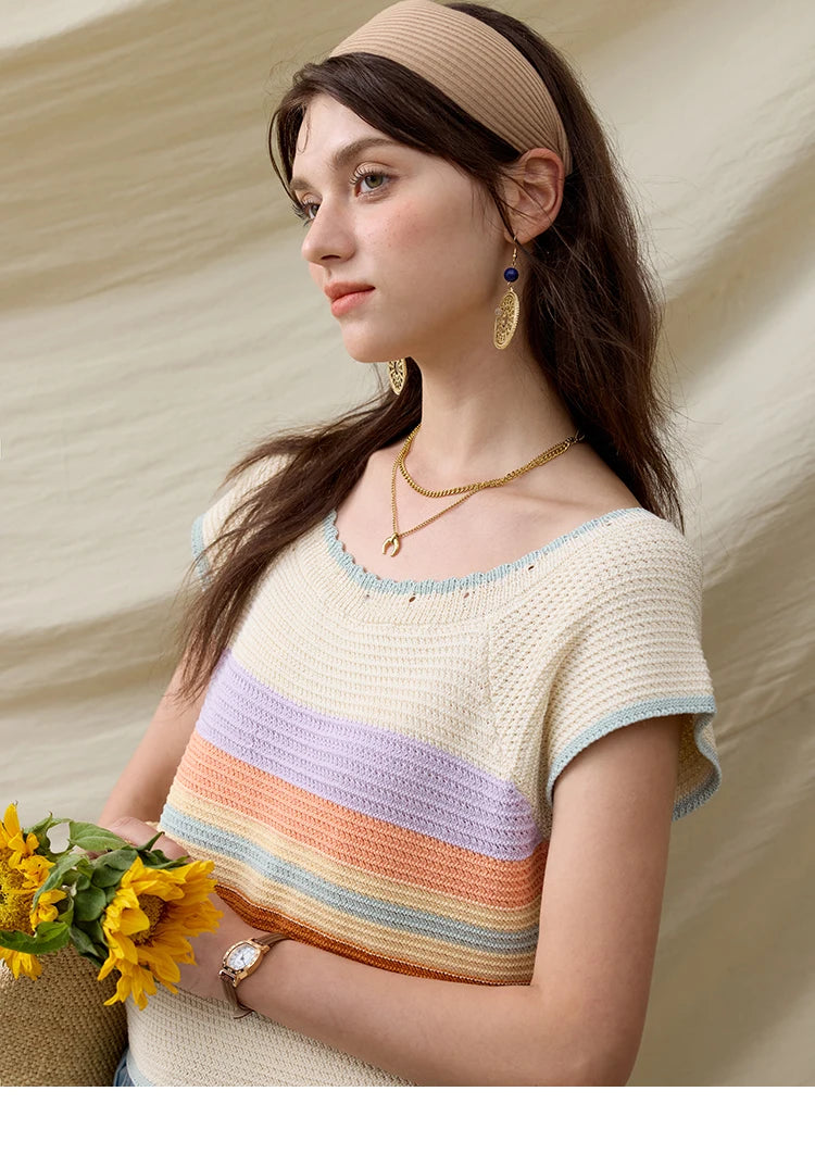 MISHOW Casual Stripe Knitted Pullover Women Summer New 2025 Short Sleeve Round Neck Slimming Tops Female Office Lady MXE31Z1222