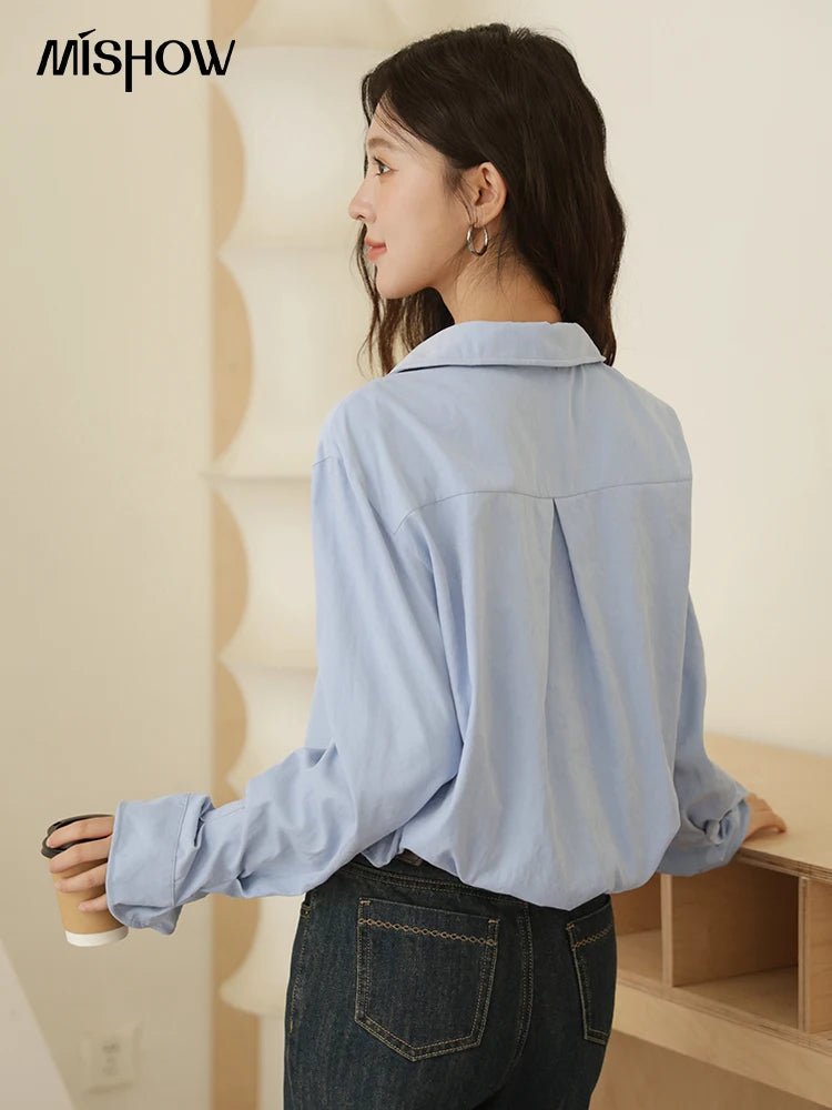 MISHOW Blue Peach Skin Velvet Shirt for Women Autumn 2025 Lapel V-neck Shirts Female Pleated Cuffs Tops Office Lady MXE44C2392