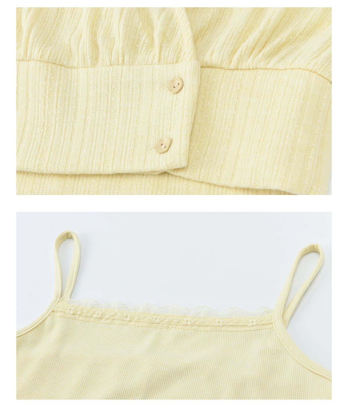 MISHOW Women's Lemon Yellow Two-Piece Set Spring Knitted Lantern Sleeve Pullover Tops Strap Lace Edge Camisole Set MXF13T1513