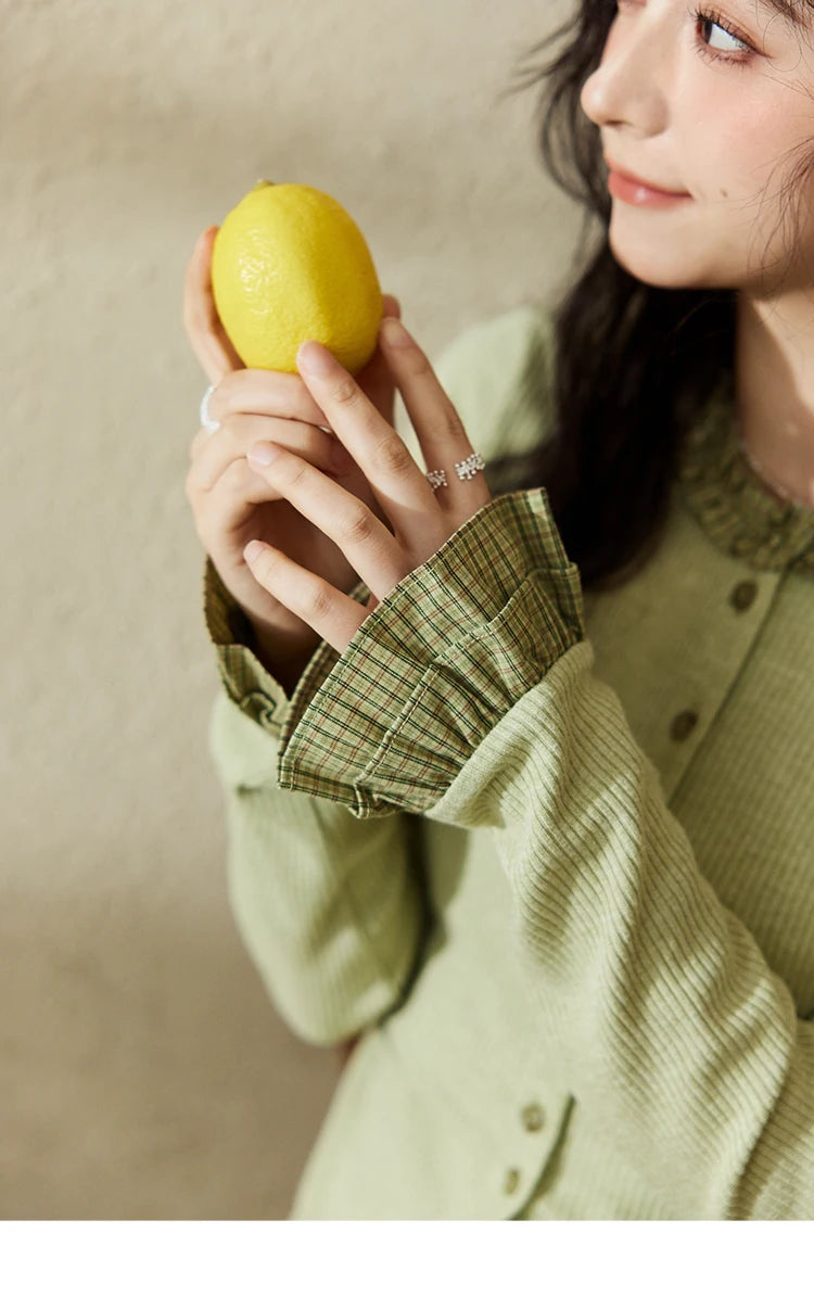 MISHOW Green Plaid Knitted Top 2025 Spring Lotus Leaf Sleeves Tees Slim Long Sleeve Curled Collar Single Breasted Top MXE14Z1152