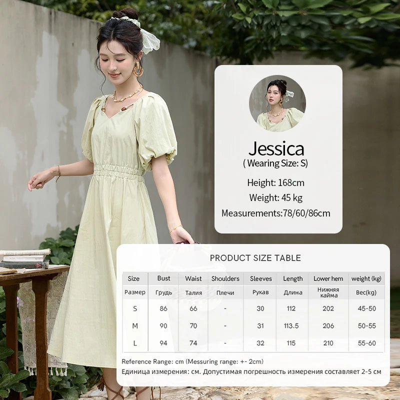 MISHOW French V-neck Bubble Sleeve Dress for Women Summer 2025 Elegant Waist Dress Back Green Waist Exposed Dresses MXD22L1825