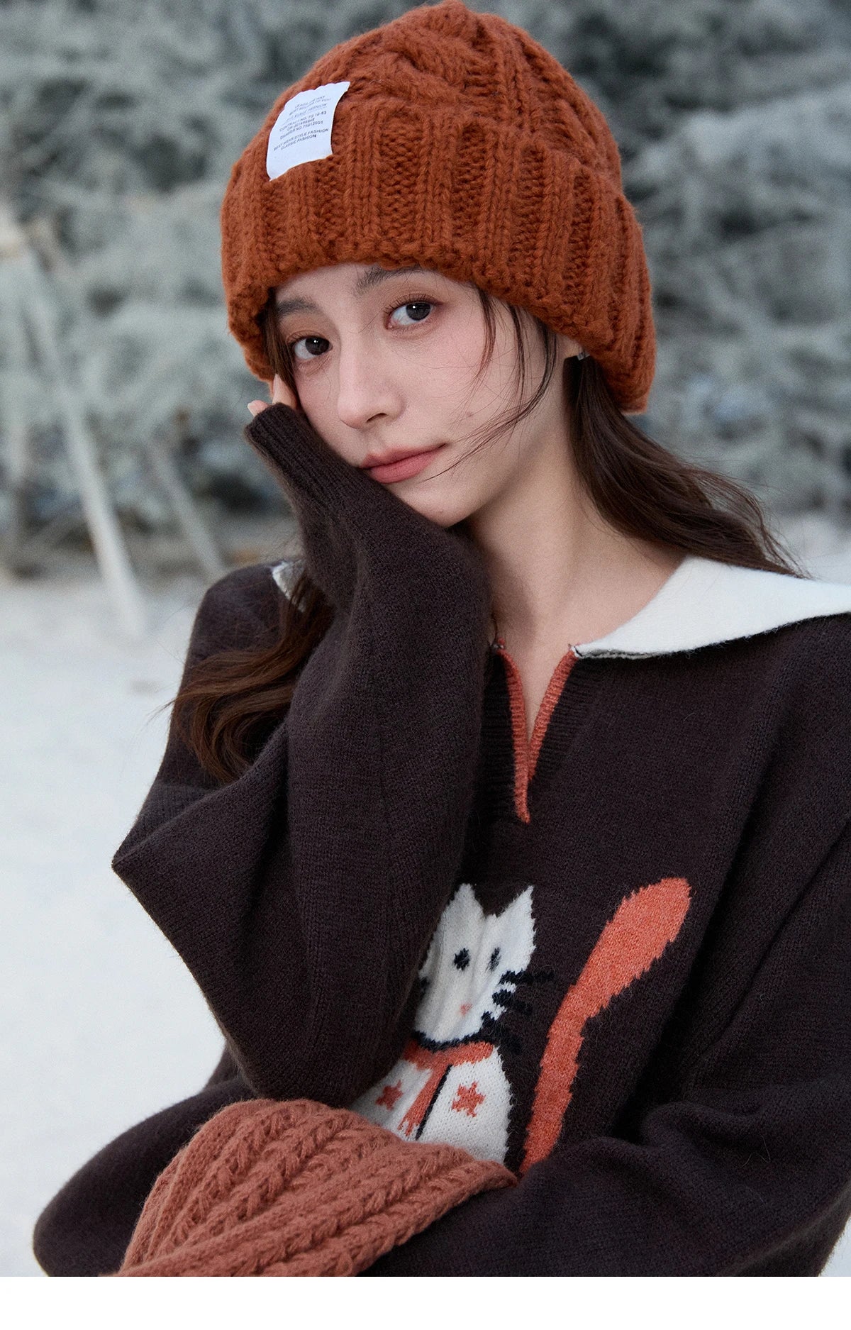 MISHOW Women's Retro Arctic Fleece Cat Sweater 2025 Autumn Winter Color Block Lapel 3D Jacquard Thick Knitted Top MXE90Z2835