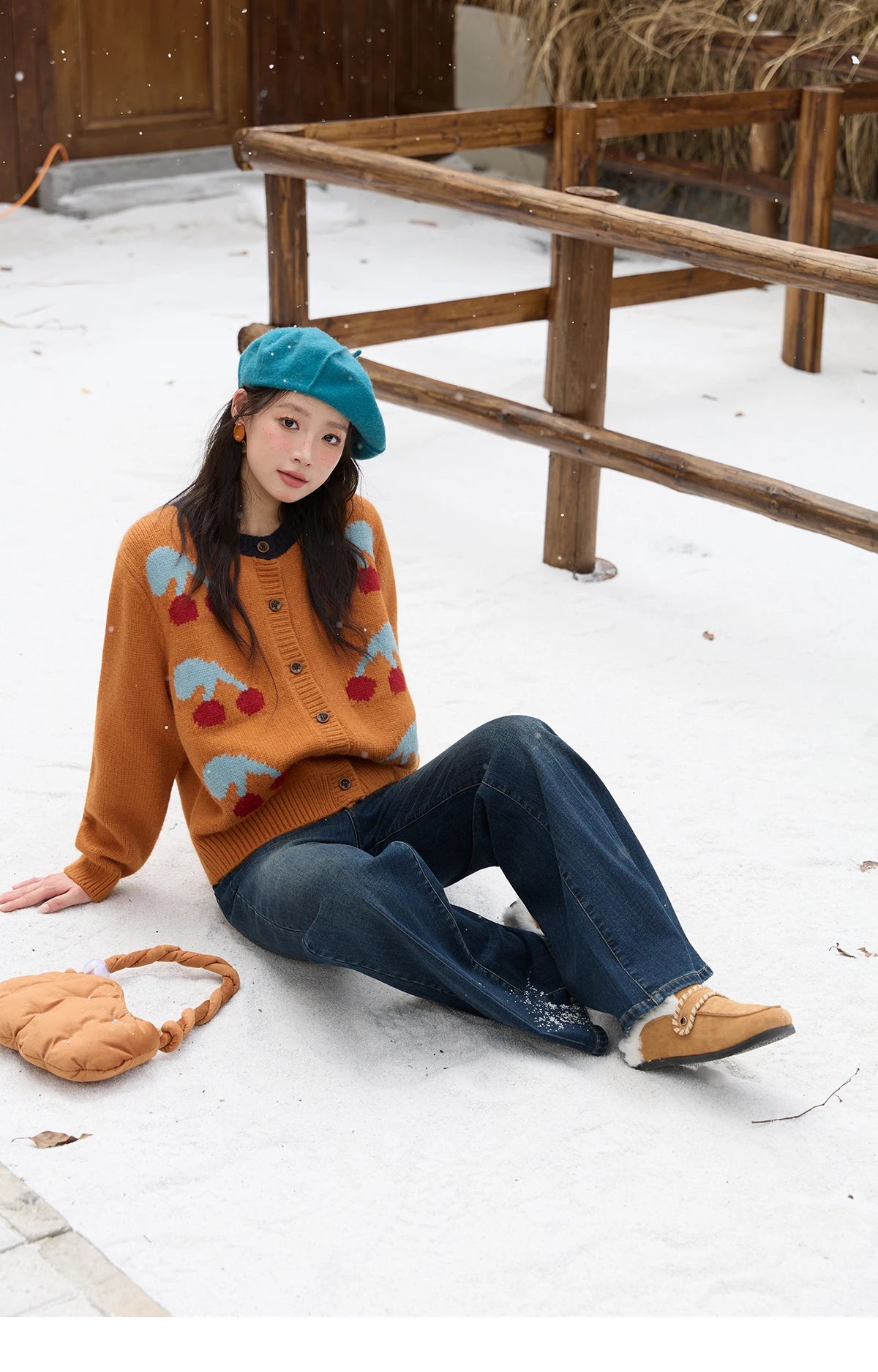 MISHOW Cherry Jacquard Knitted Cardigan for Women 2025 Winter Retro Sweet Round Neck Long Sleeves Sweater Commute Top MXE88Z2689