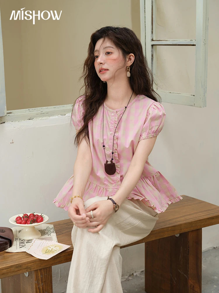 MISHOW Women's Puff Sleeve Plaid Button Shirt 2025 Summer New Fashion O-Neck Wood Ear Casual Shirt Cotton Pink Top MXE39X1932