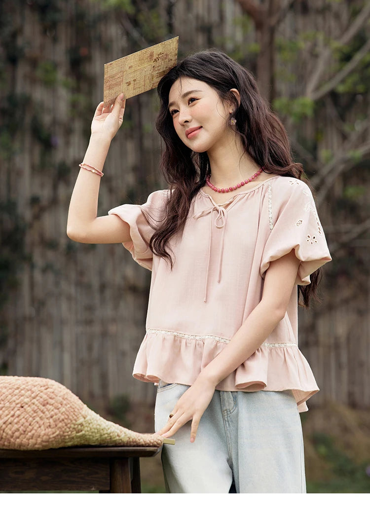 MISHOW French Summer Blouse Women 2025 Short Puff Sleeve Round Neck Solid Hollow Embroidery Shirts Woman Holiday Thin MXE31X1747