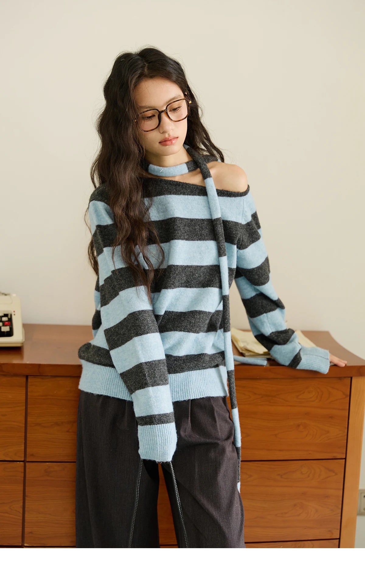 MISHOW Blue Gray Stripe Knitted Top 2025 Autumn Slanted Shoulder Collar Sweaters with Ribbon Loose Wool Blend Sweater MXE46Z2540