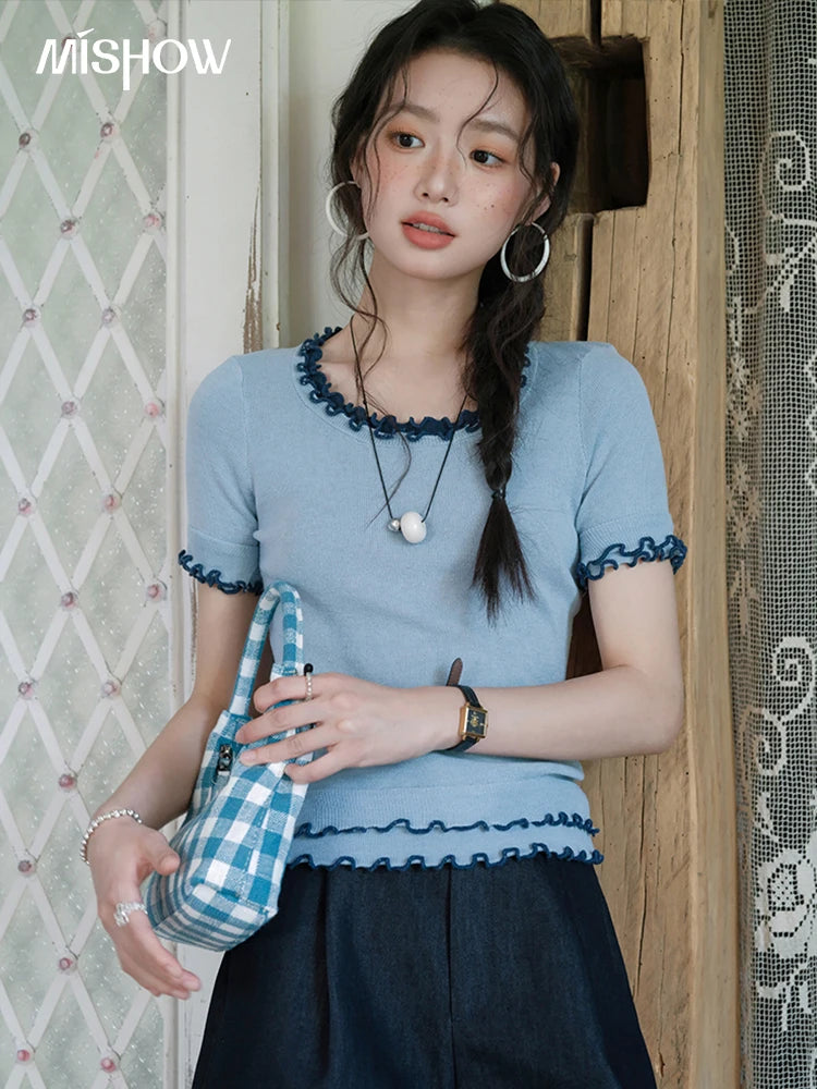 MISHOW Women's Round Neck Knit T-shirt Summer 2025 Fashion Ear Edge Short Top Casual Short Sleeve Tee Female Clothing MXE32Z1233