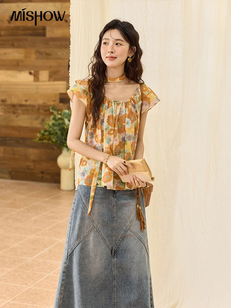 MISHOW 100 Cotton Citrus Oil Painting Printed blouse for Women 2025 Summer Vacation Korean Flying Sleeve Casual Top MXE36X1872