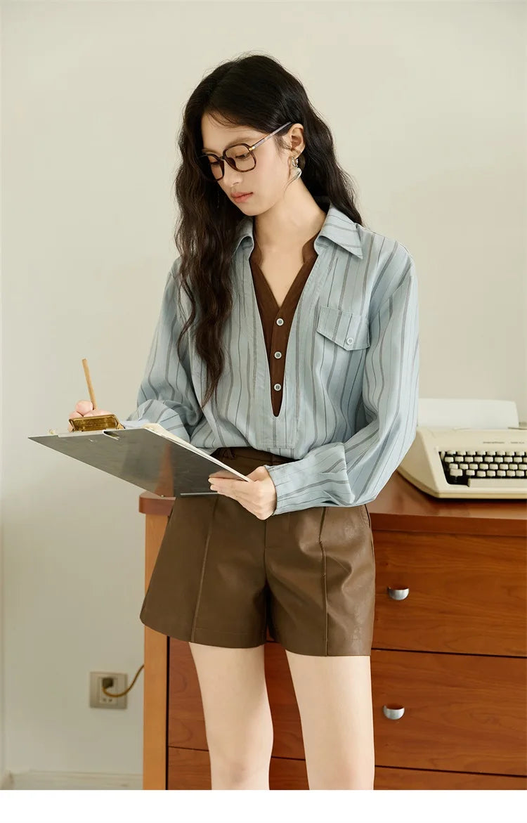 MISHOW Peach Skin Velvet Stripe Shirt for Women Autumn 2025 Double Layered Collar Contrasting Color Shirt Commute Top MXE47C2408