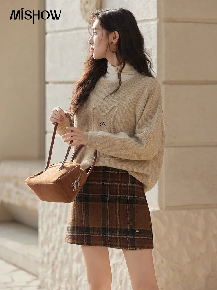 MISHOW Gentle Sweet Sweater Women's 2024 Autumn Winter Cute Emboridery Cartoon Dropped Sleeves Pullovers Sweater Tops MXD54Z0953