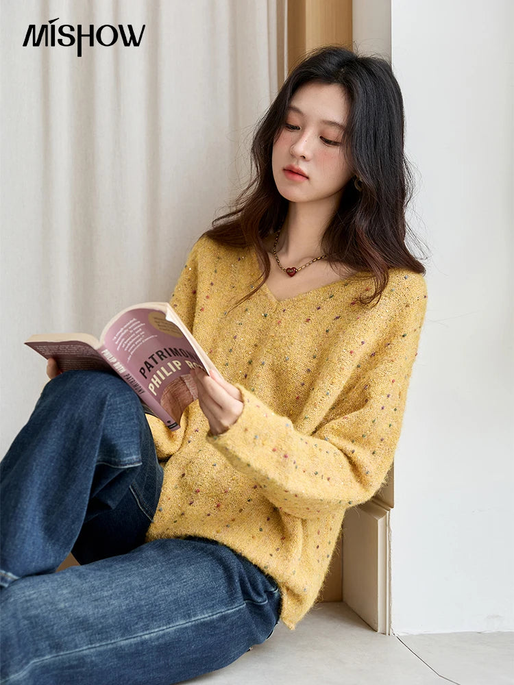 MISHOW Women Long Sleeve Tops 2025 Autumn Retro Yellow Sequins V-neck Sweater Knitted Comfortable Casual Pulllovers MXE47Z2572