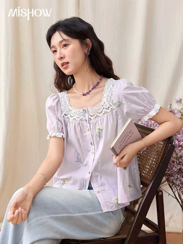 MISHOW Women's Lace Patchwork Embroidered Blouses 2025 Summer Korean Elegant Square Collar Blouse Short Sleeved Tops MXE36X1830