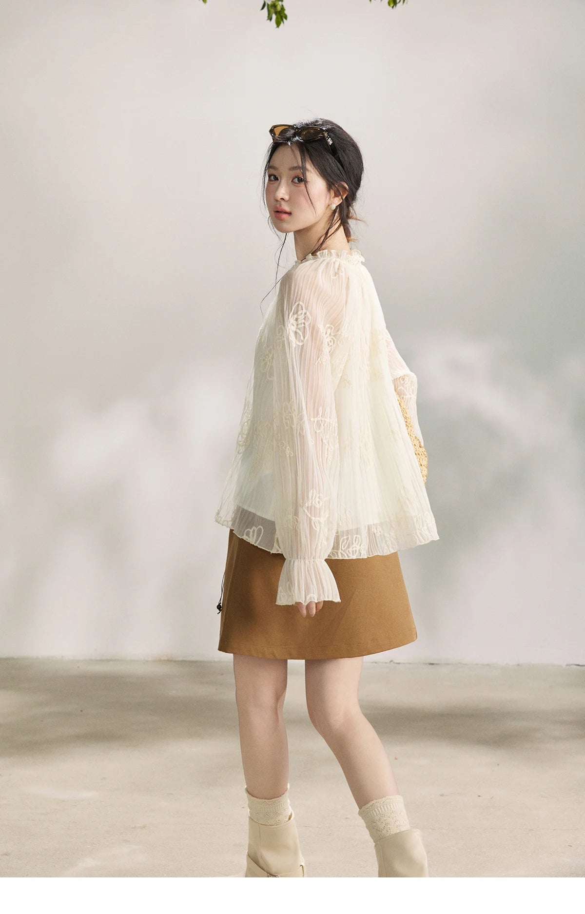 MISHOW Women's Tassel Tie Flower Embroidered Blouse 2026 Spring V-Neck Lantern Sleeves Top Casual Loose Sheer Blouses MXF13X2525