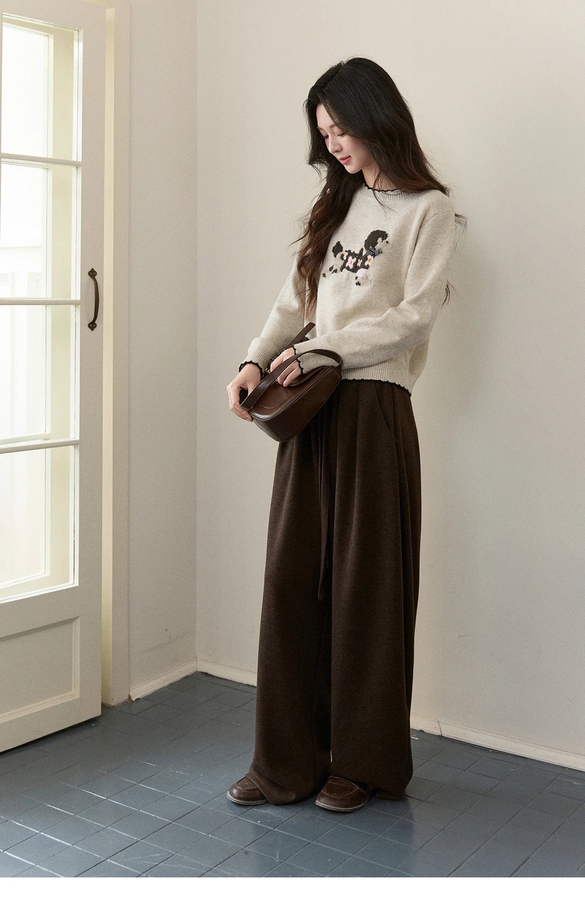 MISHOW Women's Burgundy Knitted Sweater 2025 Winter Poodle Pattern Ruffled Trim Crew Neck Sweater Warm Pullover Tops MXE93Z2949