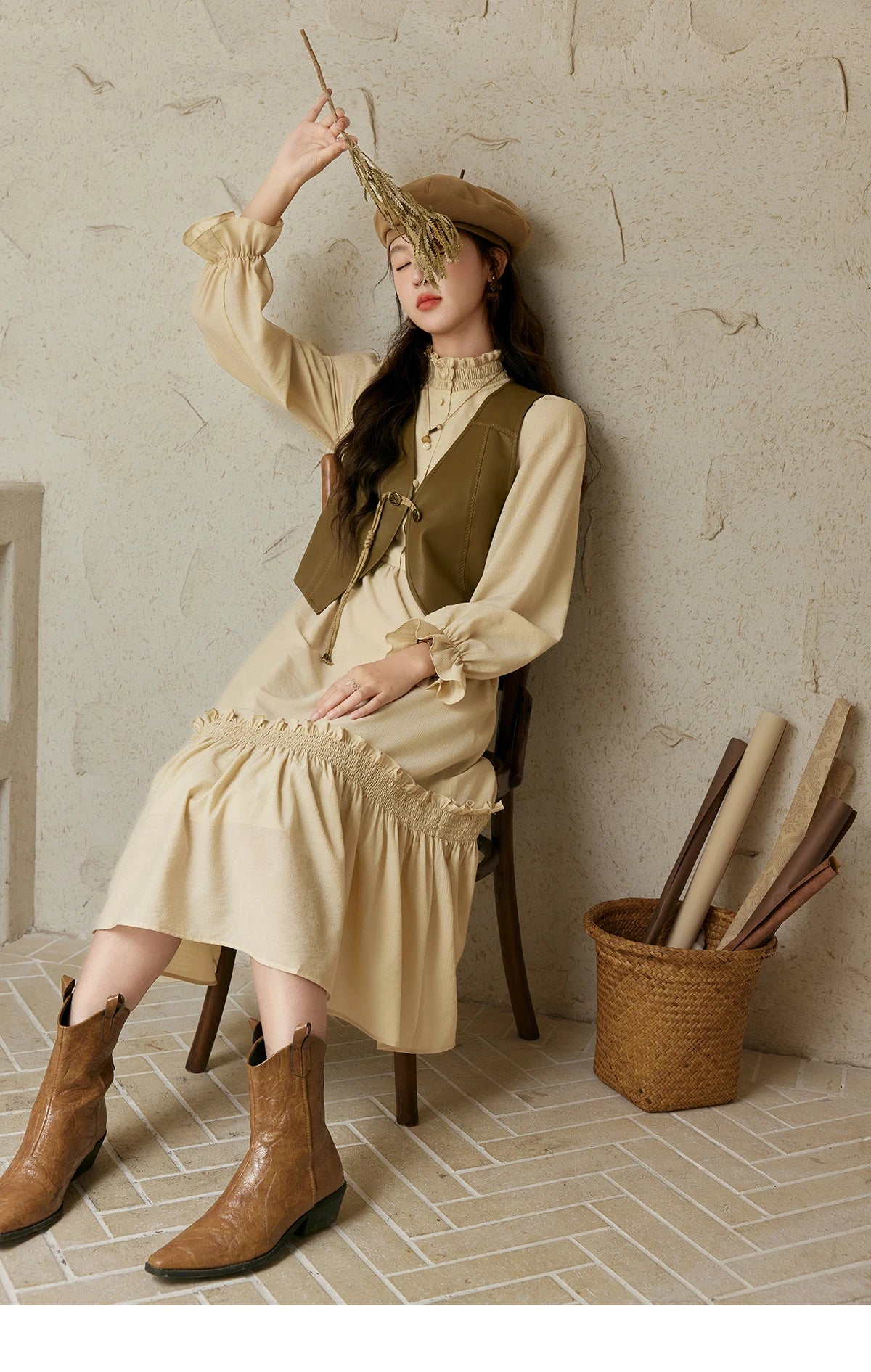 MISHOW French Stand Neck Elasticity Dress 2024 Autumn Waist Elegant A-line Dresses Elastic Lotus Leaf Sleeves Dress MPD42L2036