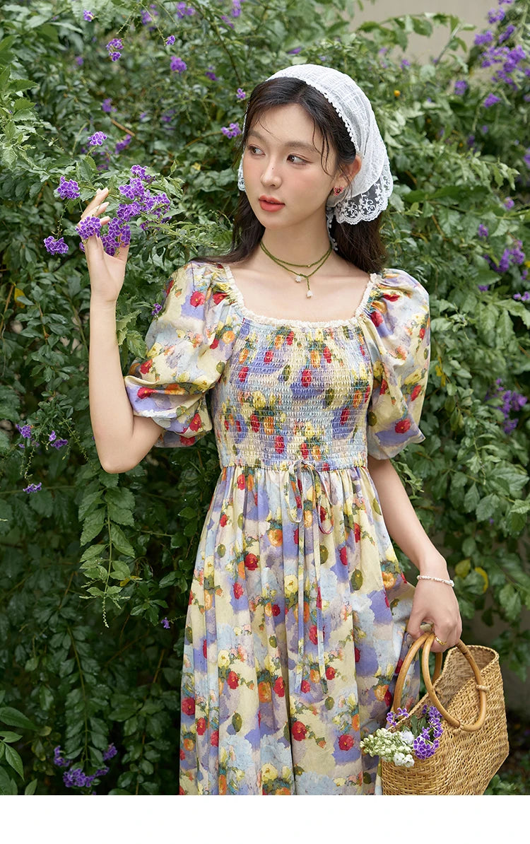 MISHOW Floral Smocked Midi Dresses for Women 2025 Summer Puff Short Sleeve Beach Vacation Beach French Retro Dress MXD24L1905