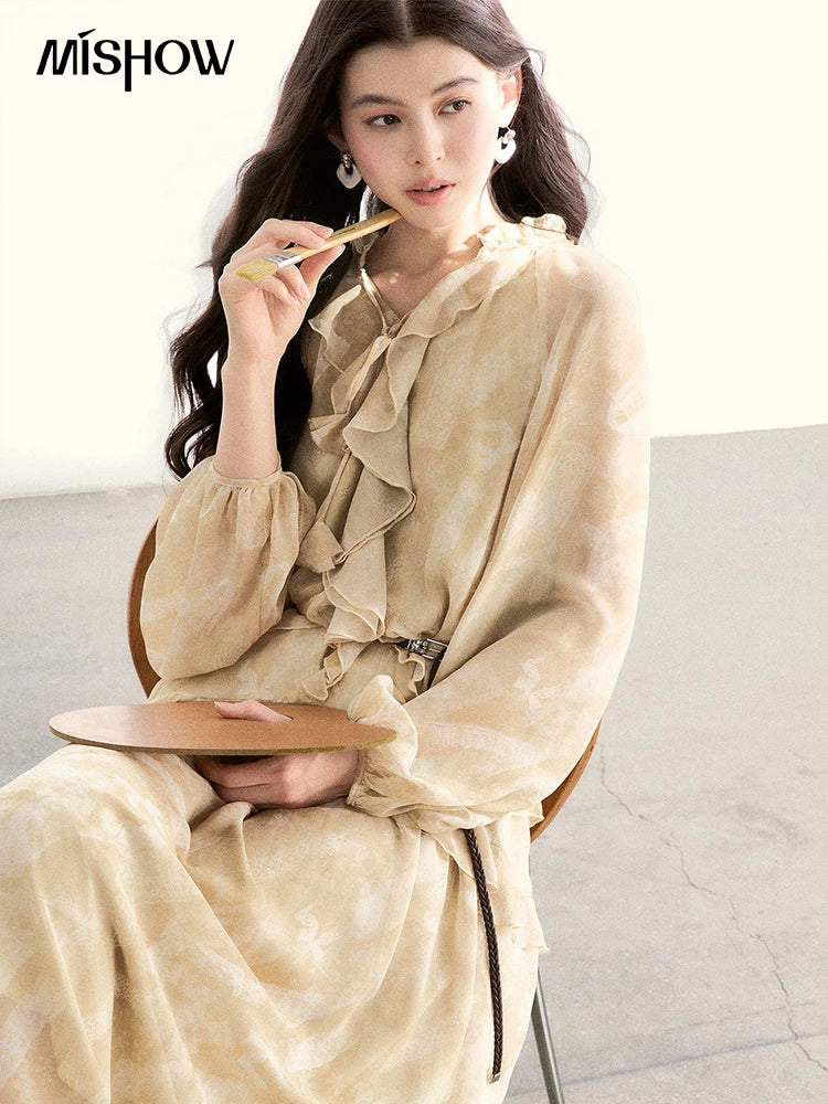 MISHOW Light Yellow Chiffon Maxi Dress 2026 Spring V-Neck Ruffled Belted Floral Print Casual Long Sleeve Dresses MXF11L2554