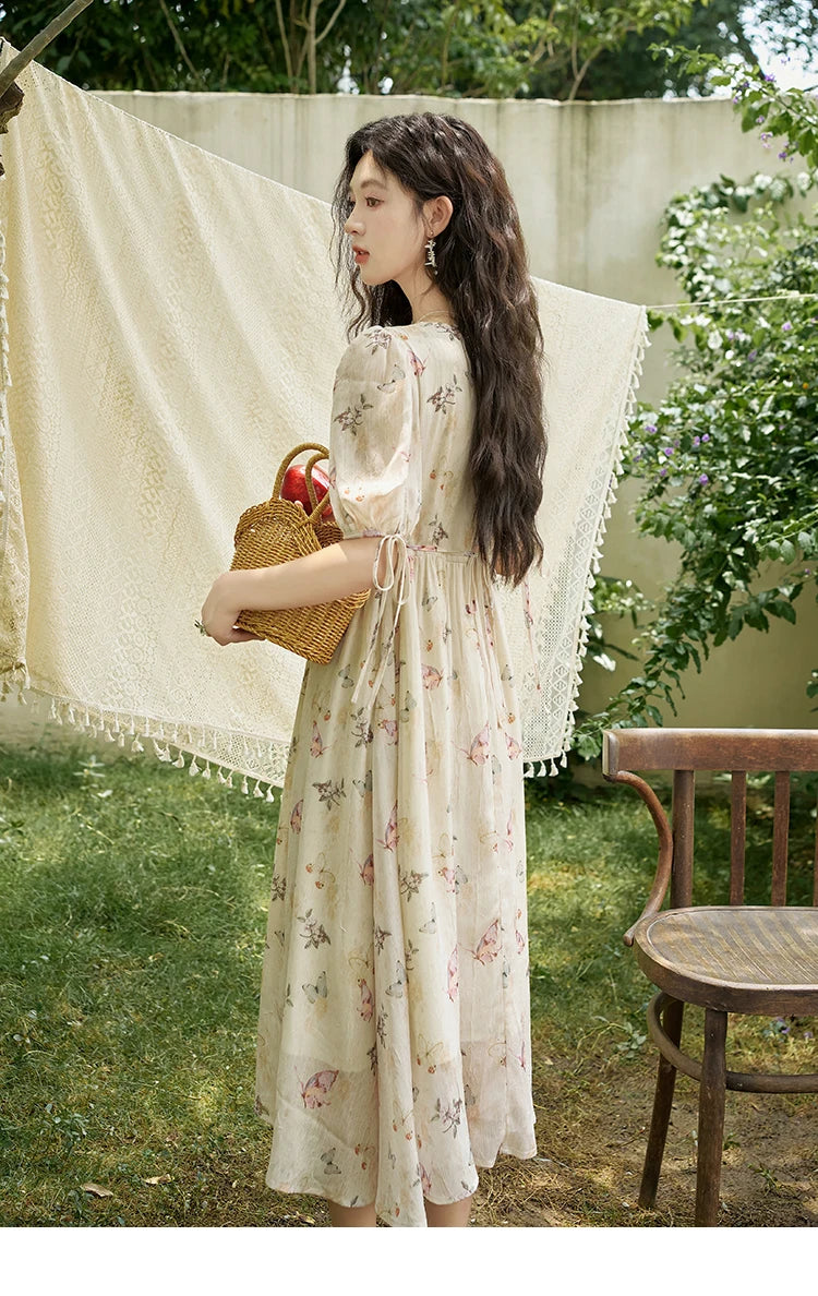 MISHOW Butterfly Printing Dress for Women 2025 Summer Luxury Elegant V-neck Lace-up Bubble Sleeves Slim Long Dress MXD15L1778