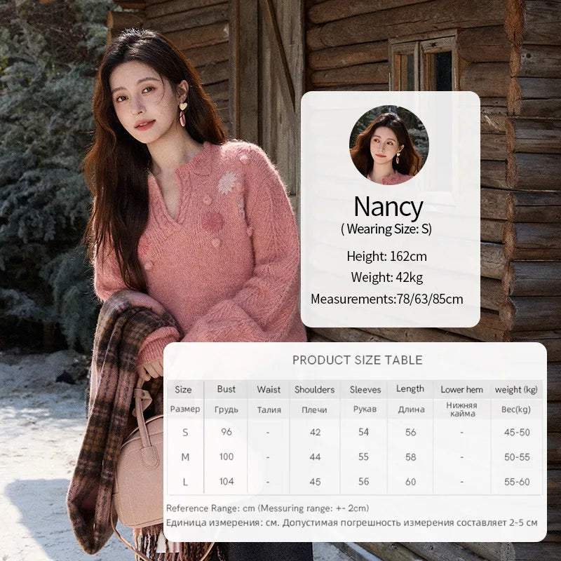 MISHOW Women's Raspberry Pink Wool Blend Sweater 2025 Winter French Floral Pom-Pom Embroidered V-Neck Knitted Top MXE86Z2740