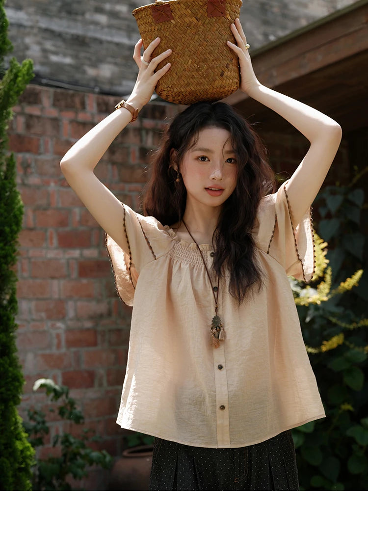 MISHOW Women's Fashion Butterfly Sleeve Blouse Summer 2025 New Loose Casual Square Neck Button Top Women's Clothing MXE37X1854