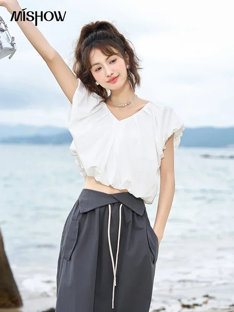 MISHOW Soft Blouses for Women 2025 Summer French Rear Collar Tie Up Solid Short Sleeve Solid V Neck Puff Sleeve Tops MXC38X1275