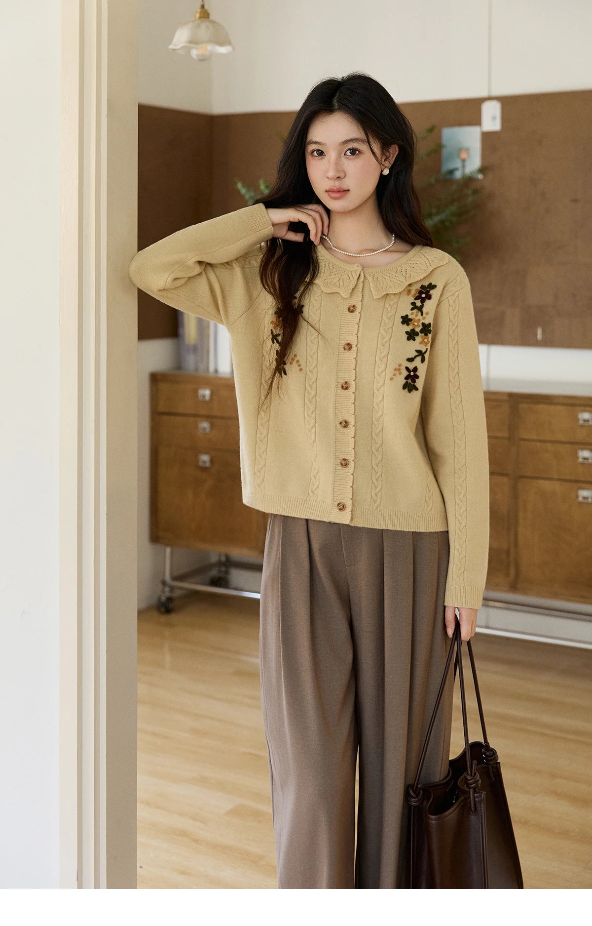 MISHOW Women's Cable Knit Cardigan Spring Peter Pan Collar Floral Embroidery Sweater Long Sleeve Casual Loose Tops MXF11Z2904