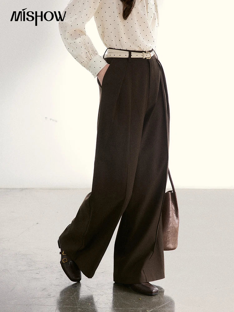 MISHOW Women's Dark Brown Wide Leg Pants 2026 Spring High Waist Pleated Pants Back Elastic Waist Casual Trousers MXF108K1010
