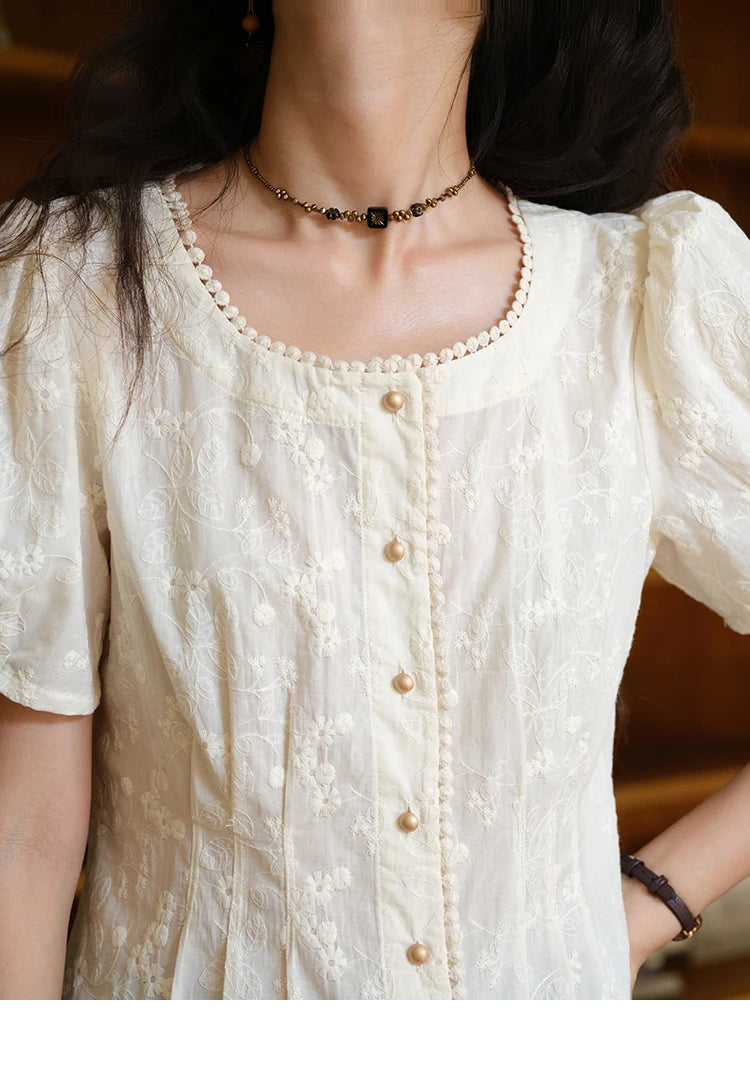 MISHOW Embroidery Cotton Shirt for Women 2025 Summer Fashion French Style Puff Sleeve Button Shirt Women's Clothing MXE39X1979