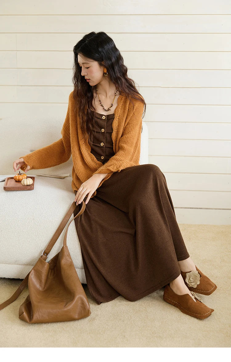 MISHOW Pumpkin Knitted Cardigan for Women Autumn 2025 Loose Wavy Edge Sweater Hollow Out Dropped Sleeves Cardigans MXE46Z2505