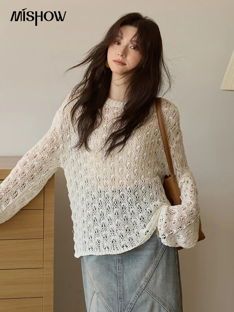 MISHOW Women's Hollow Knitted Tops 2025 Autumn Jacquard Weave Breathable Top Solid Dropped Sleeve Knitted Sweaters MXE43Z1360