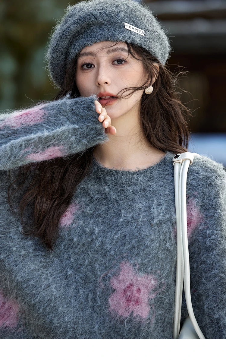 MISHOW Wool Yarn Plush Fur Flower O-Neck Pullover Knitted Sweater Women Clothes Warm Versatile Long-sleeved Tops MXD56Z1001