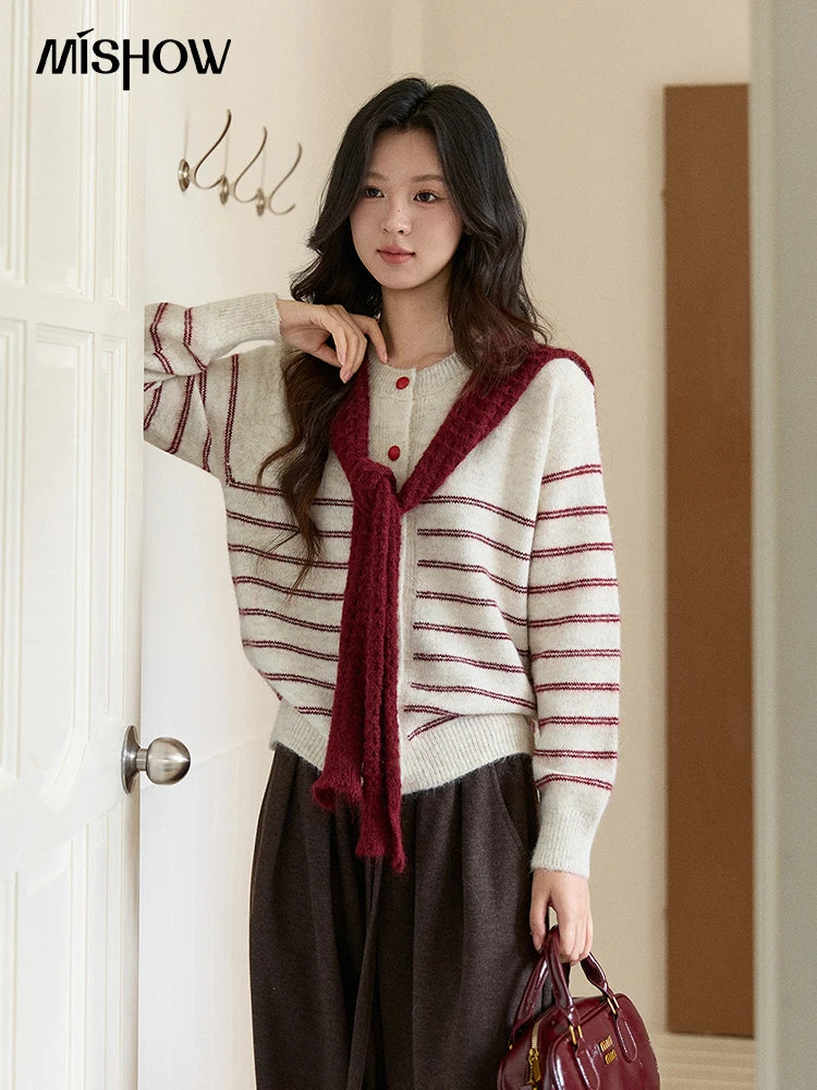 MISHOW Women's Beige Striped Knitted Cardigan 2025 Autumn Winter Red Scarf Decor Button O-Neck Warm Loose Sweaters MXE93Z2948