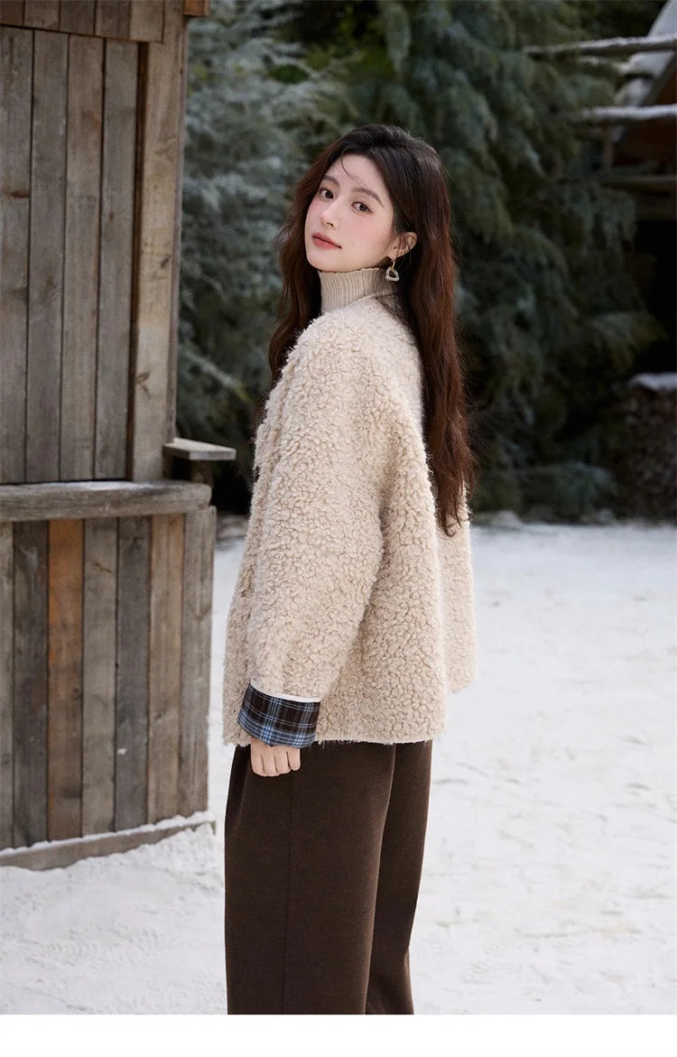 MISHOW Plaid Patchwork Curly Lambswool Coat Winter 2025 Women's Fashion Coat Double-Front Retro Casual Loose Jacket MXE87W0939