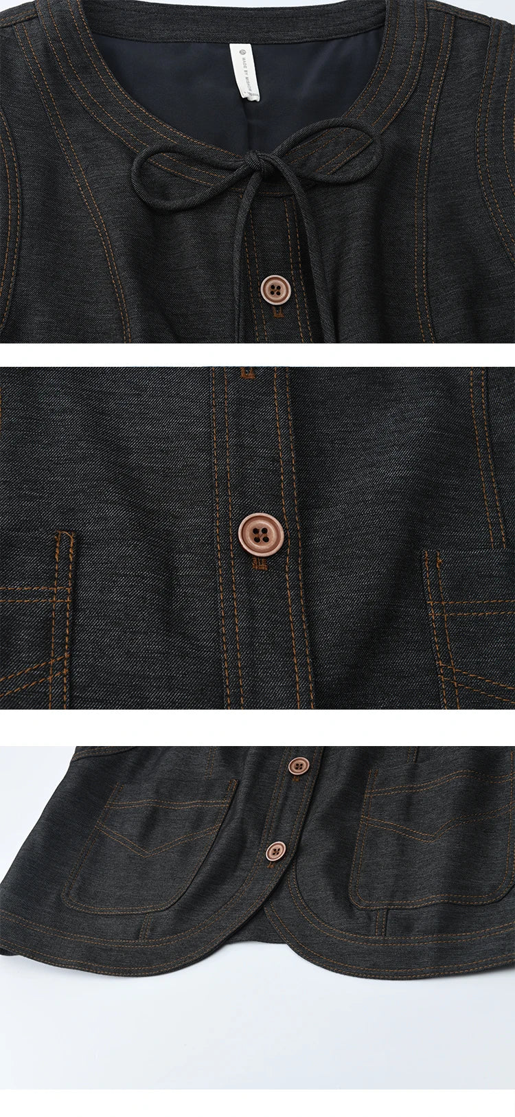 MISHOW Deep Blue Imitation Denim Vest Coat 2025 Autumn Round Neck Lace-up Coat Contrasting Button Single Breasted Top MXE41W0797