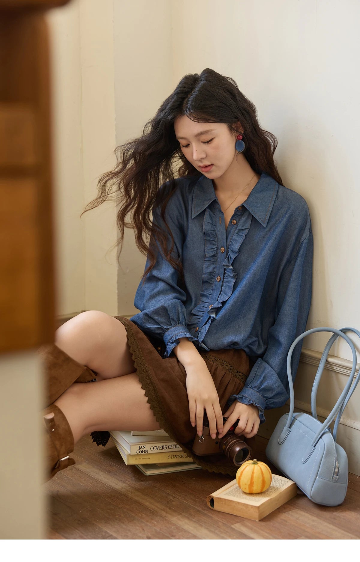 MISHOW Blue Lyocell Imitation Denim Shirt for Women Autumn 2025 Ruffled Placket Contrasting Button Waist Cinc Shirt MXE43C2386