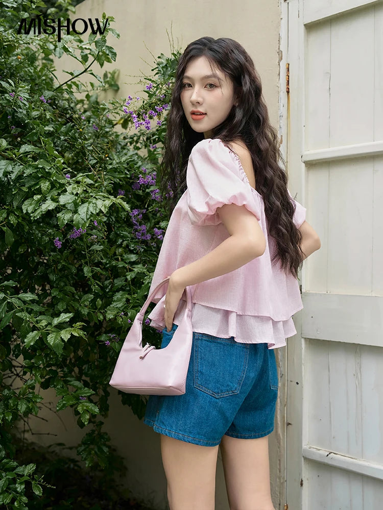MISHOW French Square Neck Tied Lantern Sleeve Blouses 2025 Summer Double Layered Hem Puff Sleeve Solid Sweet Tops MXD26X1551